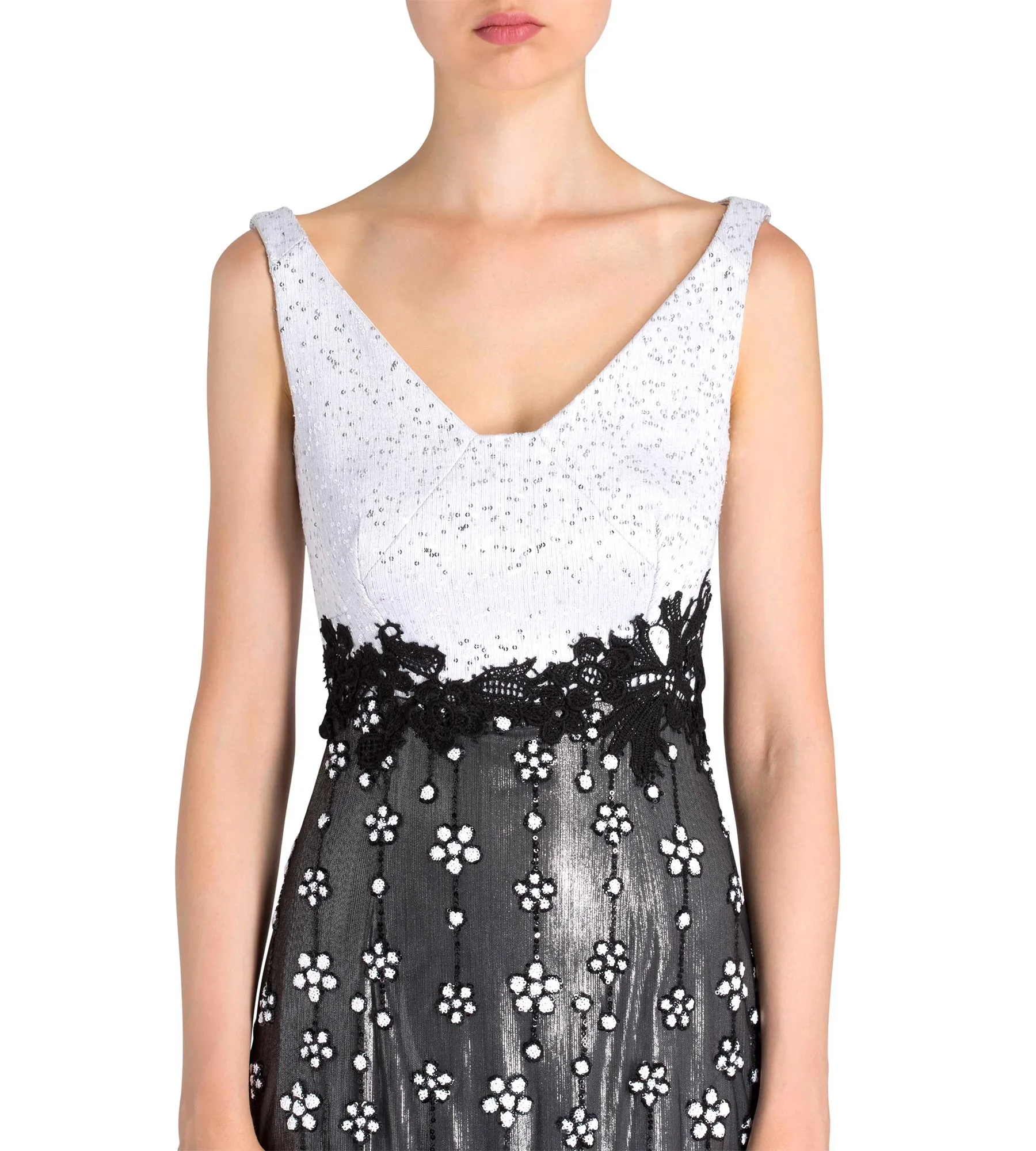 Abendkleid mit Blumenbestickung in Schwarz-Weiss 