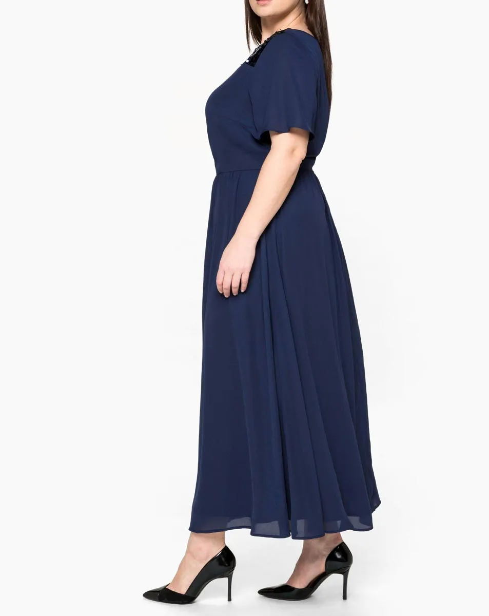 Chiffon-Abendkleid m.Pailletten-Einsatz, d.blau