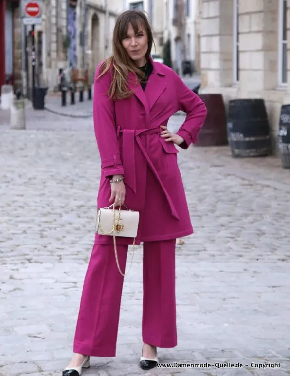 Damen Hosenanzug Elegant mit Long Blazer in Fuchsia