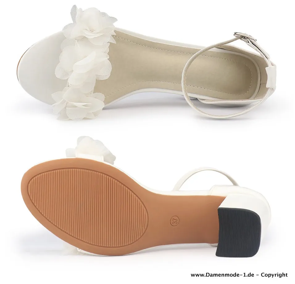 Damen Sommer Sandaletten in Weiß mit Satin Blumen