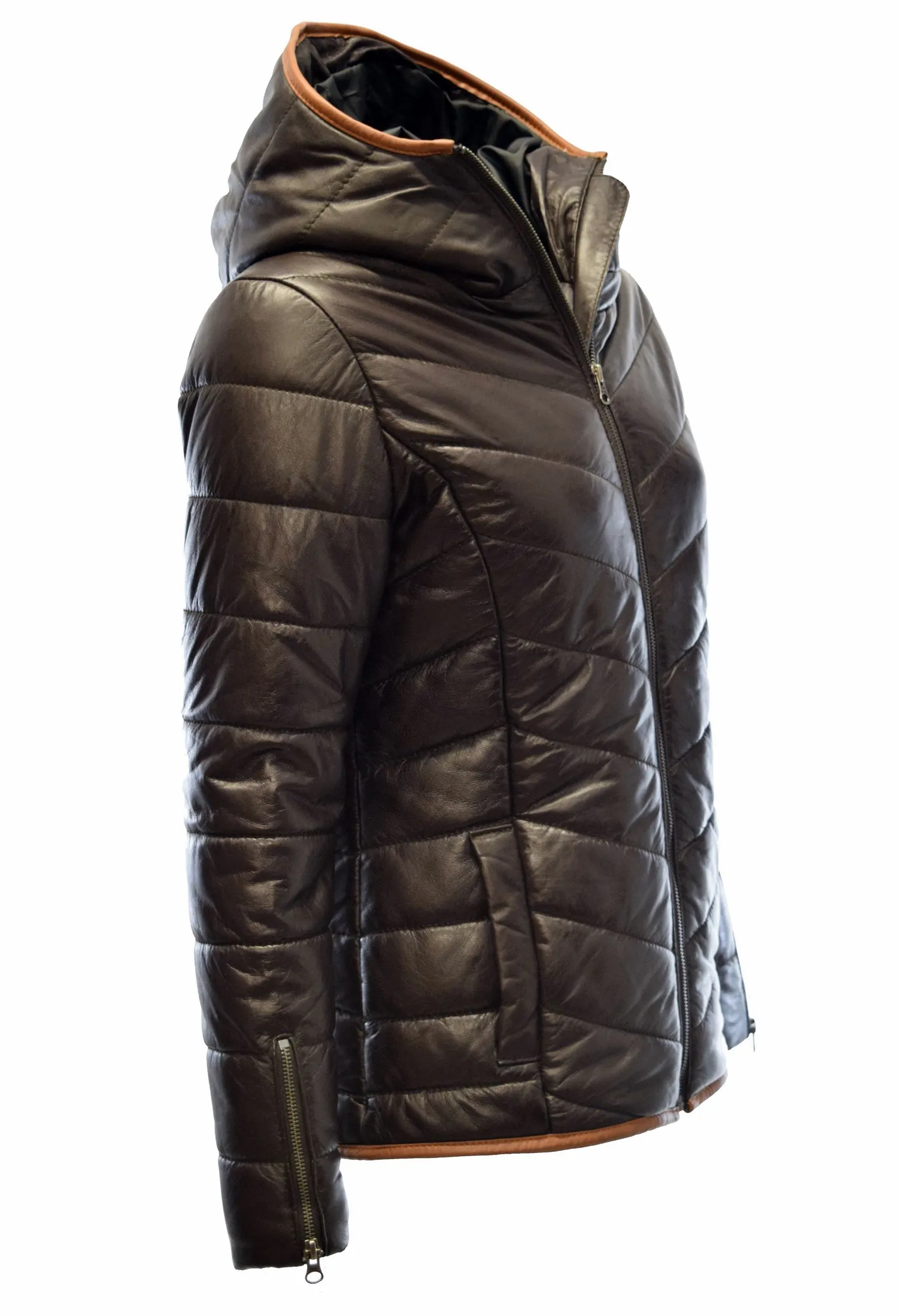 Damen Stepp-Lederjacke Luccy mit Kapuzenkragen in washed Moccabraun