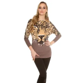 Flauschiger Feinstrick-Pullover mit Löwen-Motiv Cappuccino