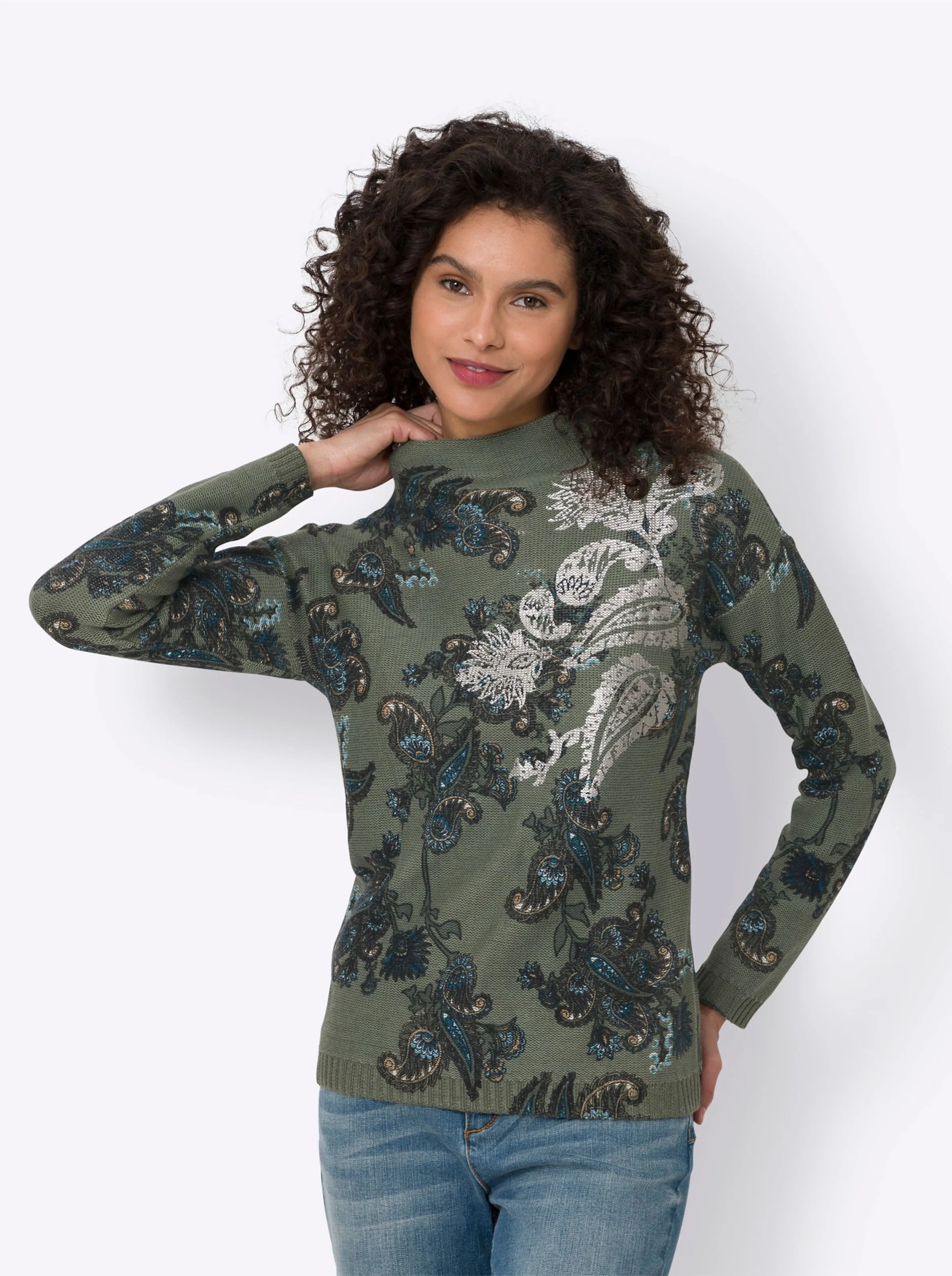heine Pullover in khaki-aqua-bedruckt