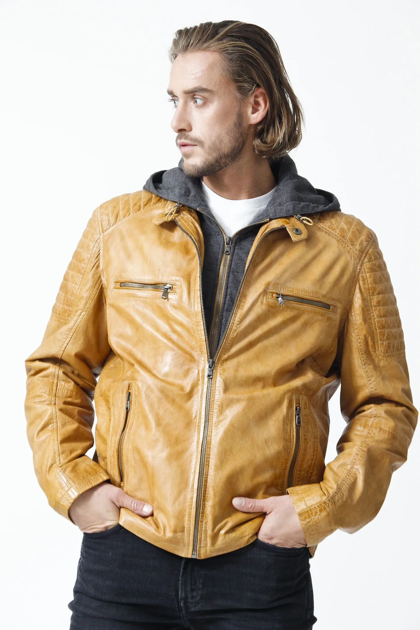 Herren Biker Lederjacke mit Kapuze