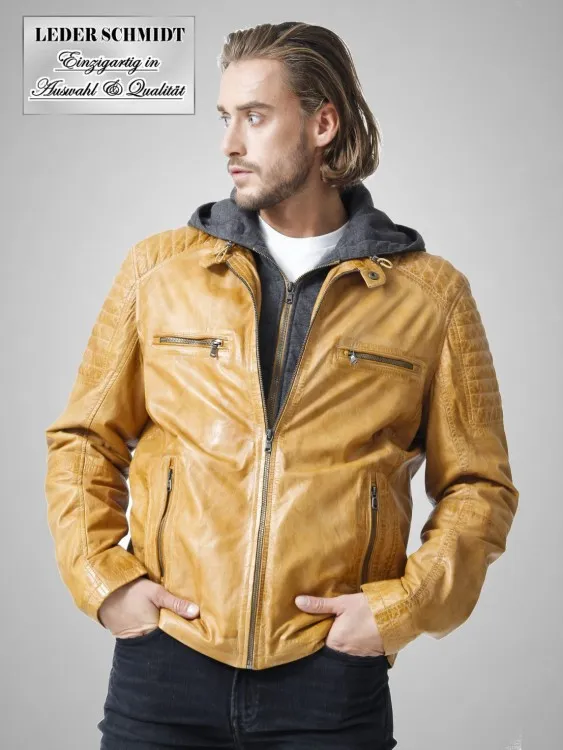 leichte kurze Herren Lederjacke mit Kapuze