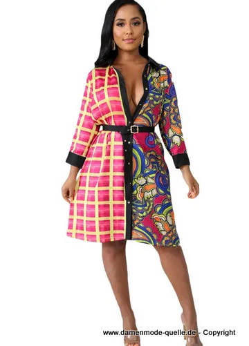 Patchwork Langarm Blusen Kleid Knielang