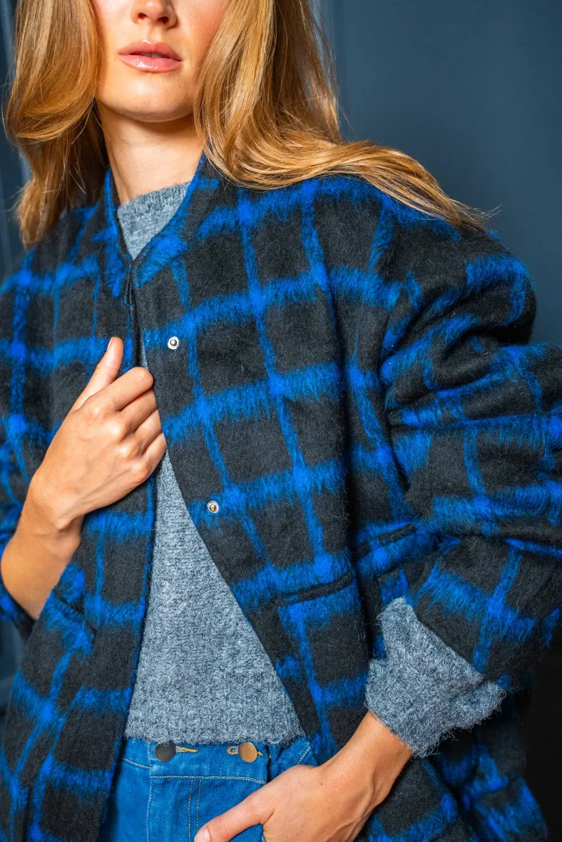 Tara karierte Jacke, Rundhalsausschnitt, Druckknöpfe