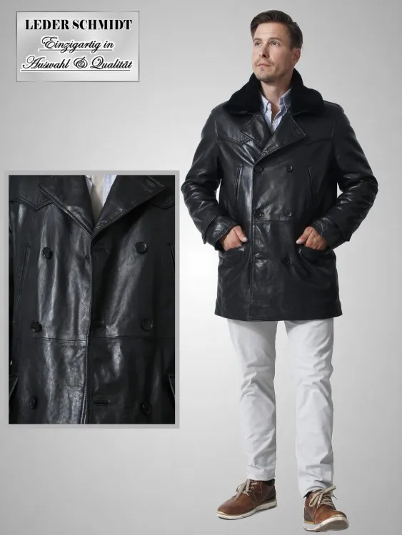 wattierte lange Herren Lederjacke mit Lammfellkragen